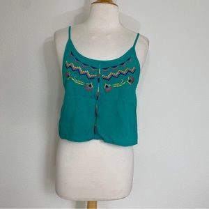 3/$25 Love Squared Teal Aztec Embroidered Semi Crop Tank Top Size Small Boho